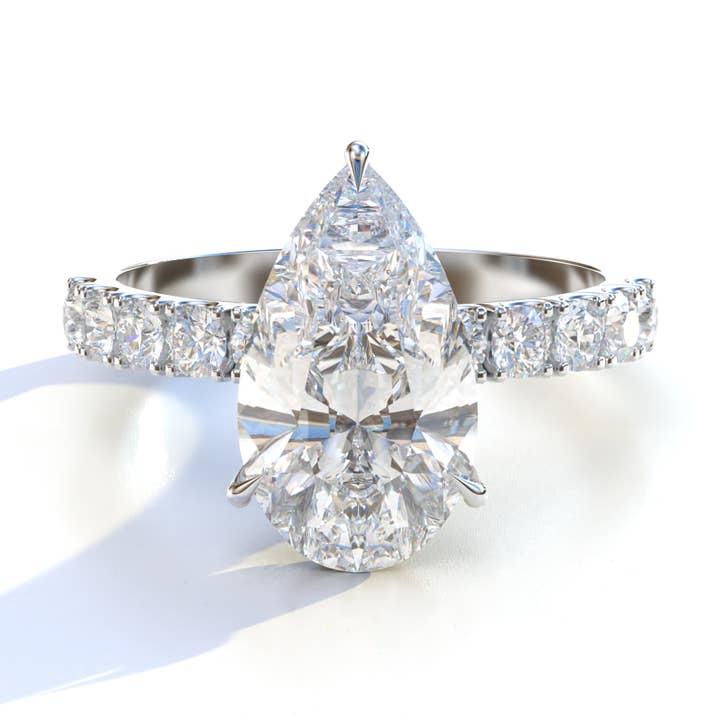 3 Carat E VVS Pear-Shaped Halo & Pave Engagement Ring - Adina for wholesale by Mohana Jewels - Luxury