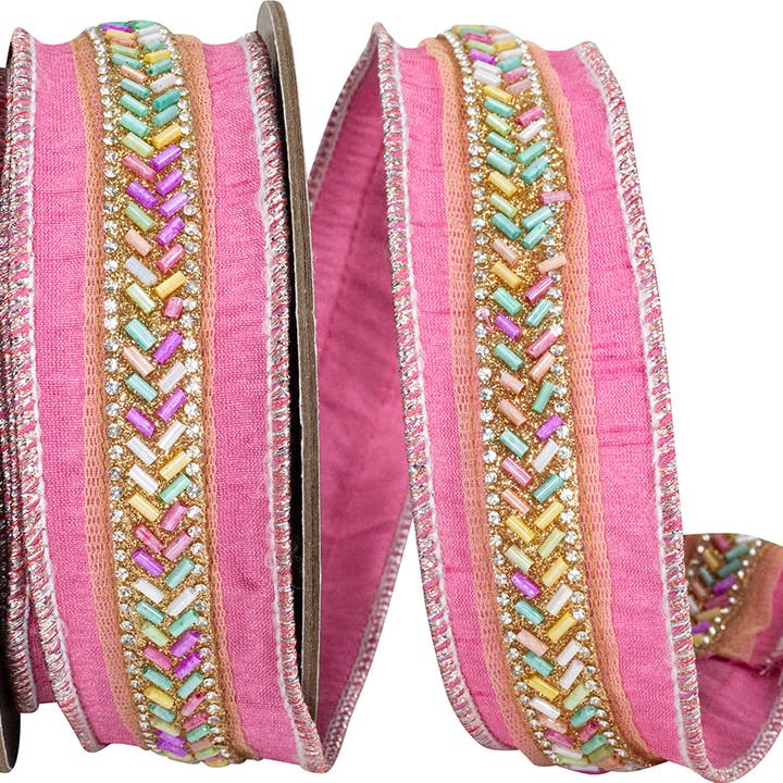 RELIANT RIBBON - Wholesale Ribbon - Gift Wrapping - Beaded Dupioni Glitter Wired Edge Ribbon, Pink, 1-1/2 In0