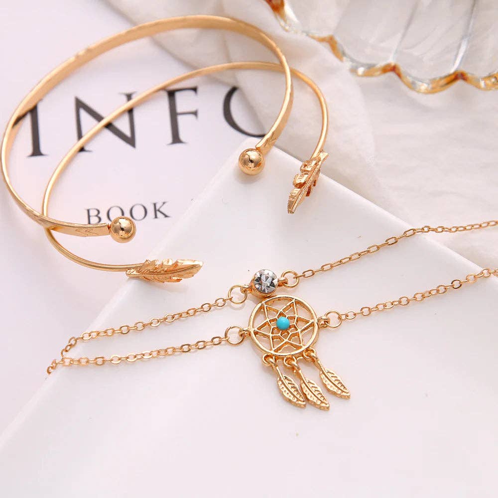 EAST INDIA IMPORTS - Venta al por mayor Juegos de joyas - Conjunto de pulseras con atrapasueños y plumas en tono dorado0