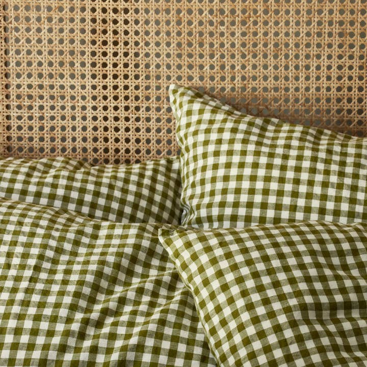 Piglet in Bed USA - Wholesale Bedding Pillowcase/Sham - Botanical Green Gingham 100% Linen Pillowcases (Pair)0