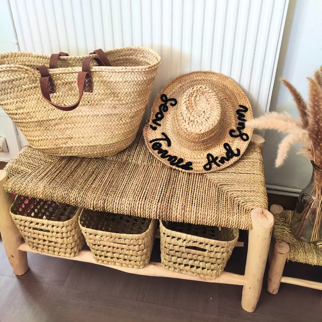 High crafty – Banco por atacado – Banco Marroquino Beldi de Madeira com Arrumação em Doum Tecido à Mão3