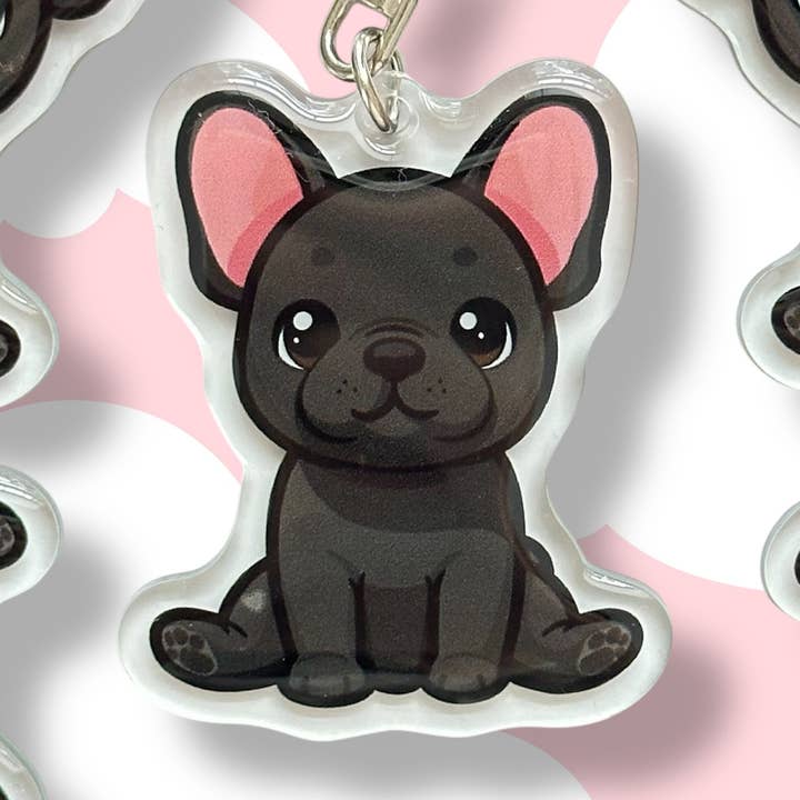 Schwarzer Französischer Bulldogge Frenchie Acryl-Hundeschlüsselanhänger mit Epoxidharz | Einfacher Clip, niedlicher Hundecartoon, handgezeichnetes Design, Geschenk für Hundeliebhaber für den Großhandel von Milly Made Designs