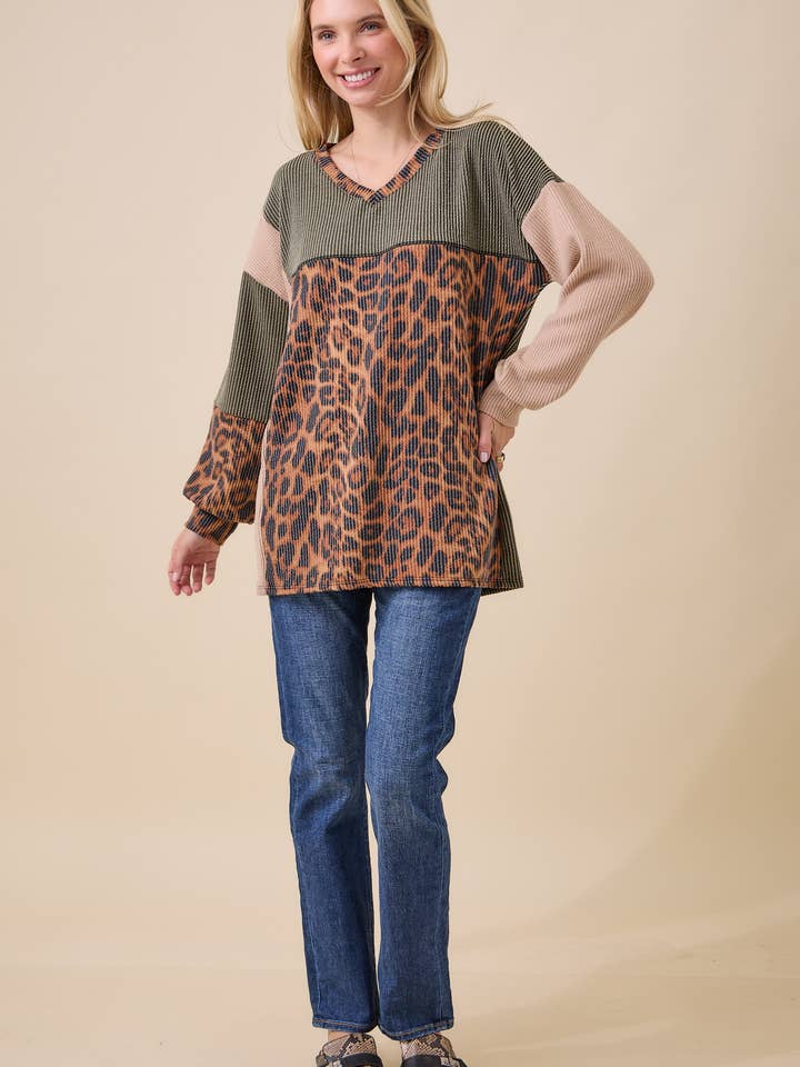 Celeste Clothing - Wholesale Knit Top - Women's - WOMEN'S RIB COLOR BLOCK ANIMAL PRINT LONG SLEEVE TOP8