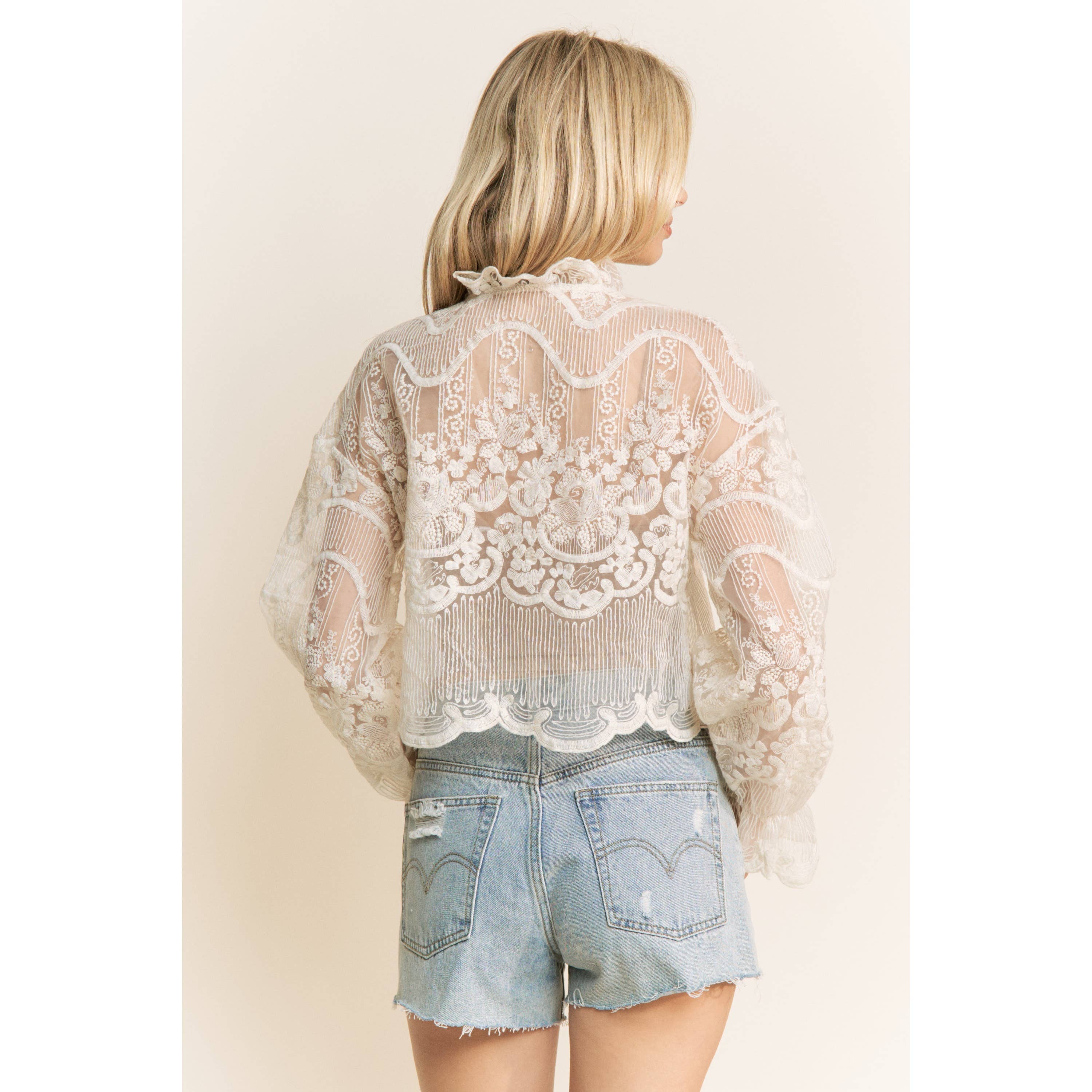 Sweet Generis - Wholesale Blouse - Women's - CHIC MODERN CROCHET EMBROIDERY BUTTON DOWN BLOUSE SHIRT TOP 7