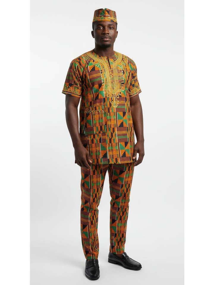 India Batik - Wholesale Top & Pant Set (NOT Loungewear) - Men's - Men 3Pcs Pant Set /Traditional Kente Print-