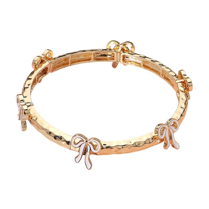 Sensibling Corp. - Wholesale Bangle Bracelet - Enamel Bow Accent Hammered Metal Bar Beaded Stretch Bracelet7