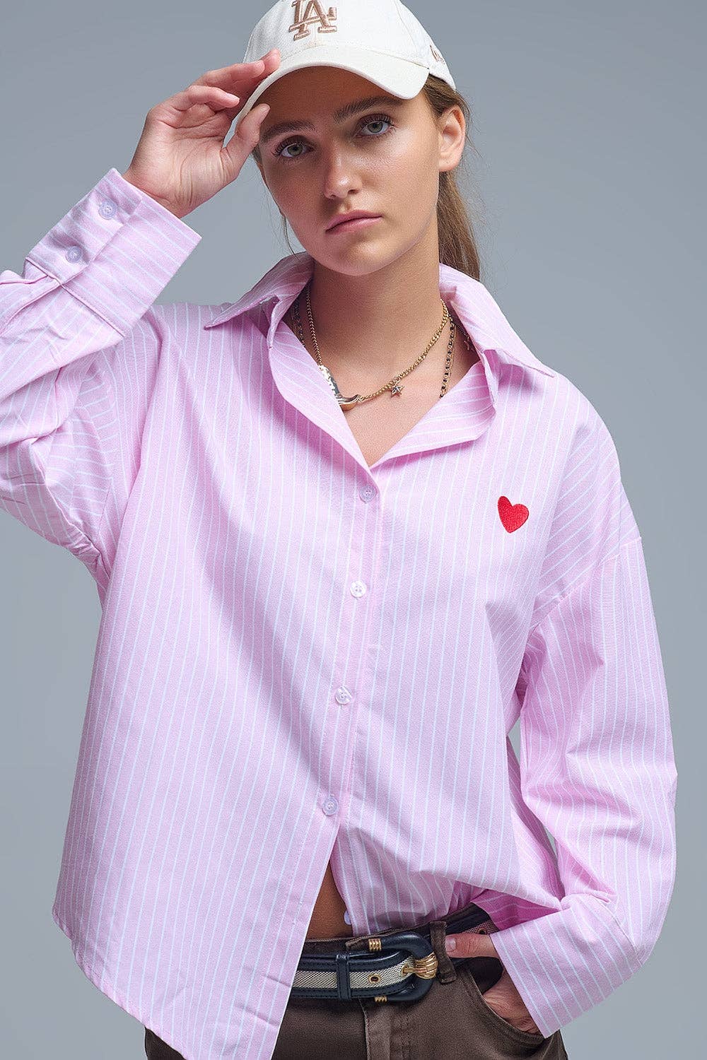 Pink Striped shirt with red heart embroidery for wholesale on Faire3