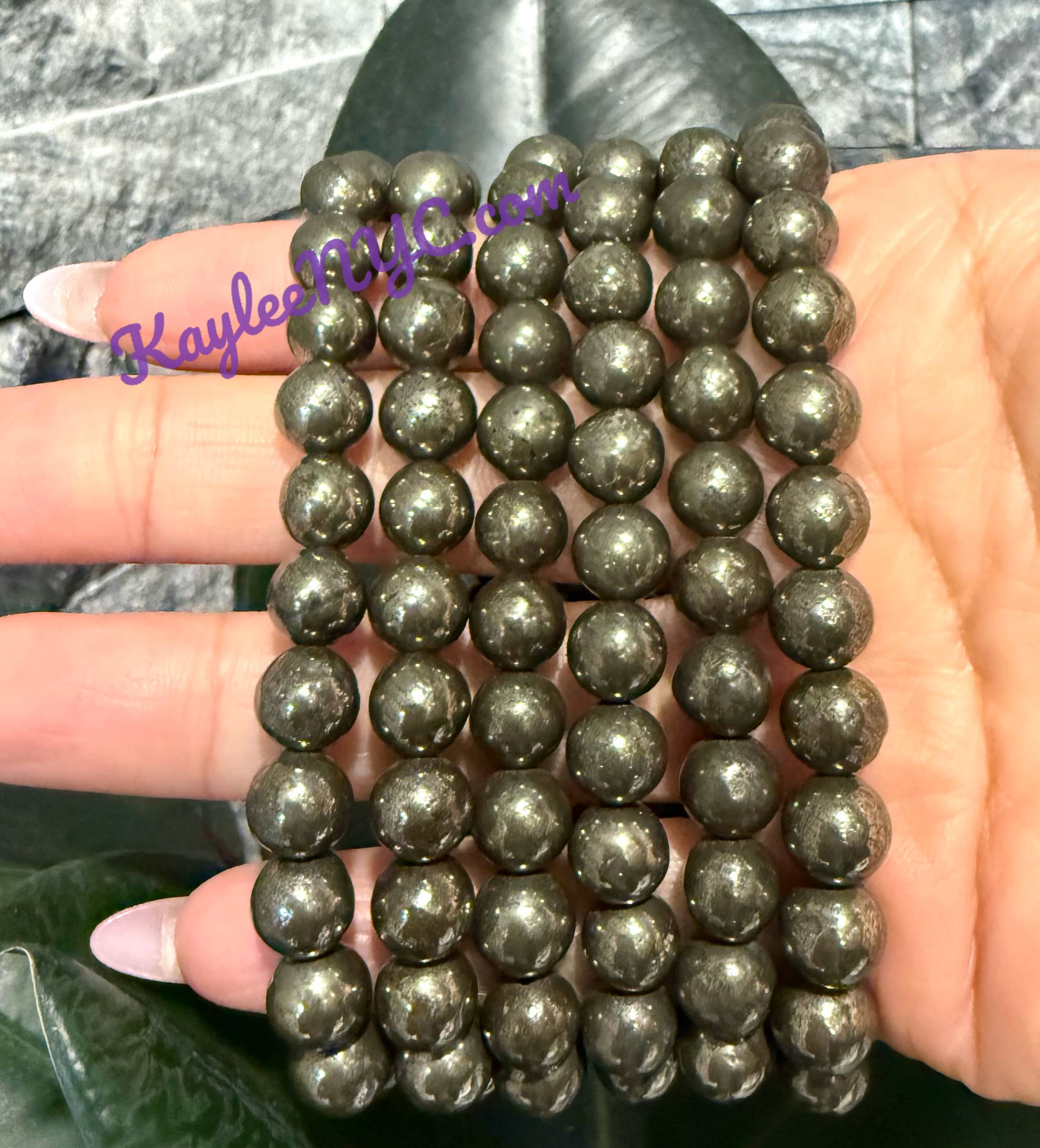 KayleeNYC - Wholesale Beaded Bracelet - Natural Pyrite 8mm 7.5” Crystal Healing Stretch Bracelet2