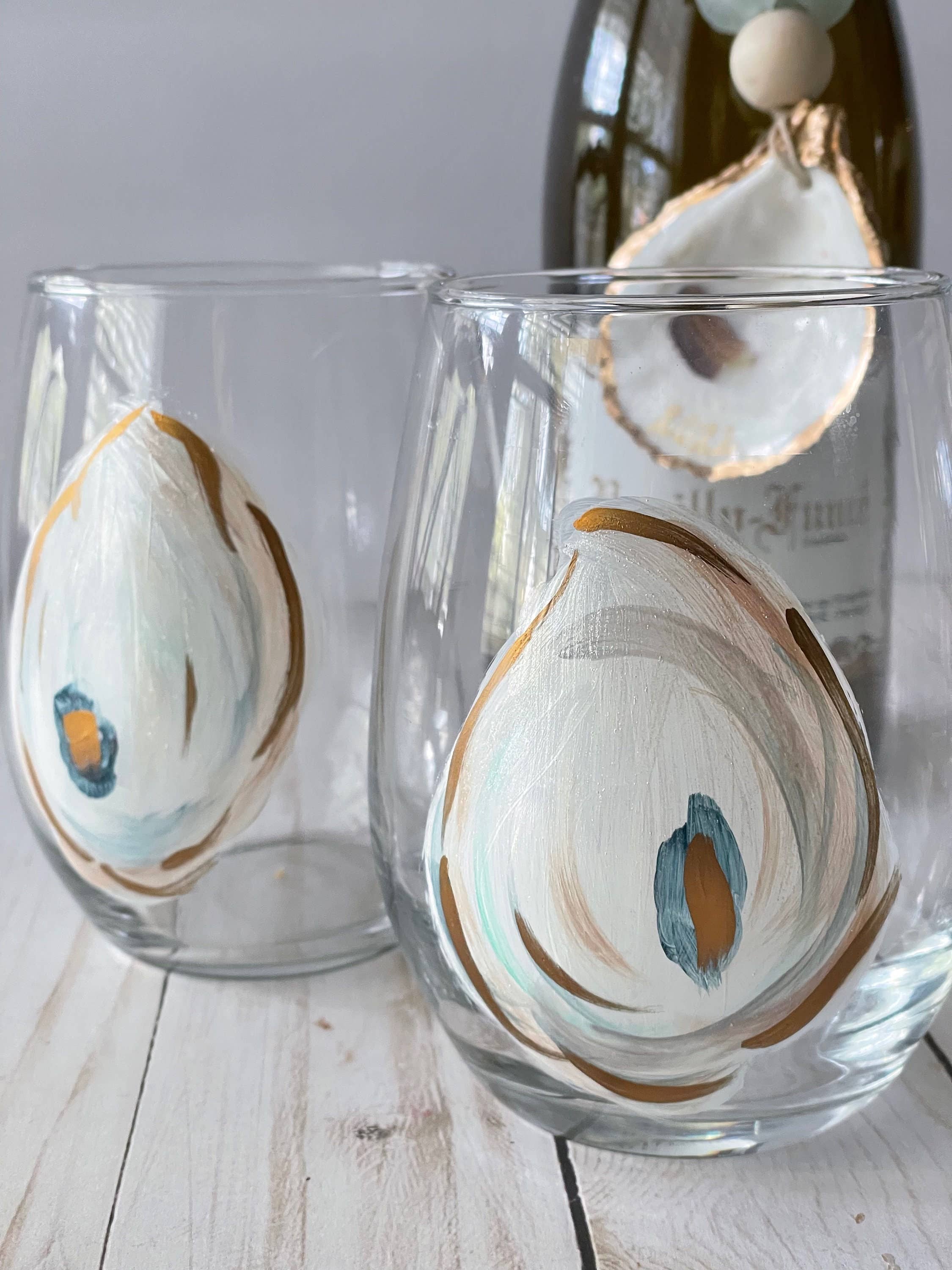 The Ornate Oyster – wholesale Wine glass – Hand Painted Stemless Oyster Shell Wine Glass1