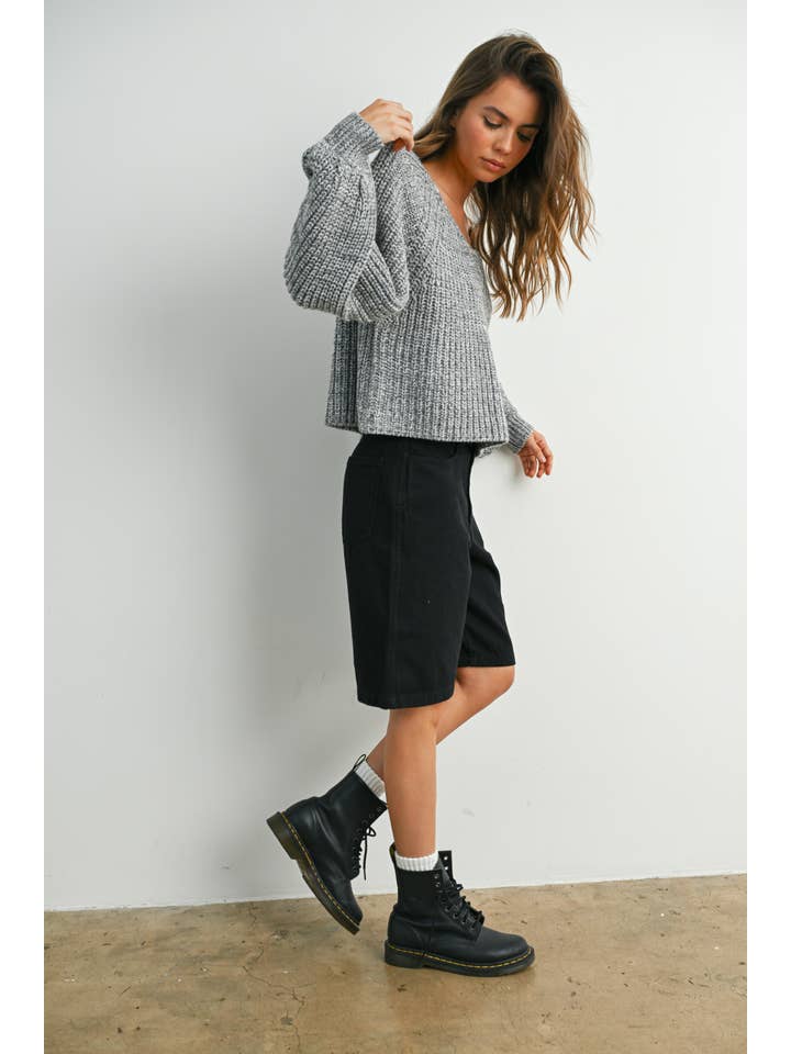 BUTTERMELON - Wholesale Knit Sweater - Women's - Tie-Back V-Neck Drop Shoulder Long Sleeve Top - BMW781028