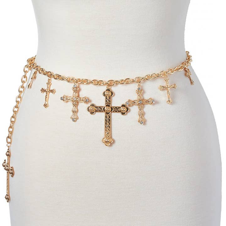 anbfashion - Wholesale Belt - Women's - Gothic Inspired Cross Chain Belt Dangling Charms Rhinestone0