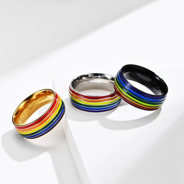 Rainbow LGBTQ Pride Stacked Band Ring in Stainless Steel for wholesale by Perimade & Co. LLC