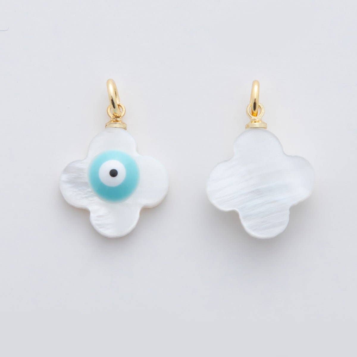 Aim Eternal - Wholesale Individual Charm/Pendant - 18K Gold Filled 22mm Blue Evil Eye Quatrefoil Shell Pearl Charm | AF334