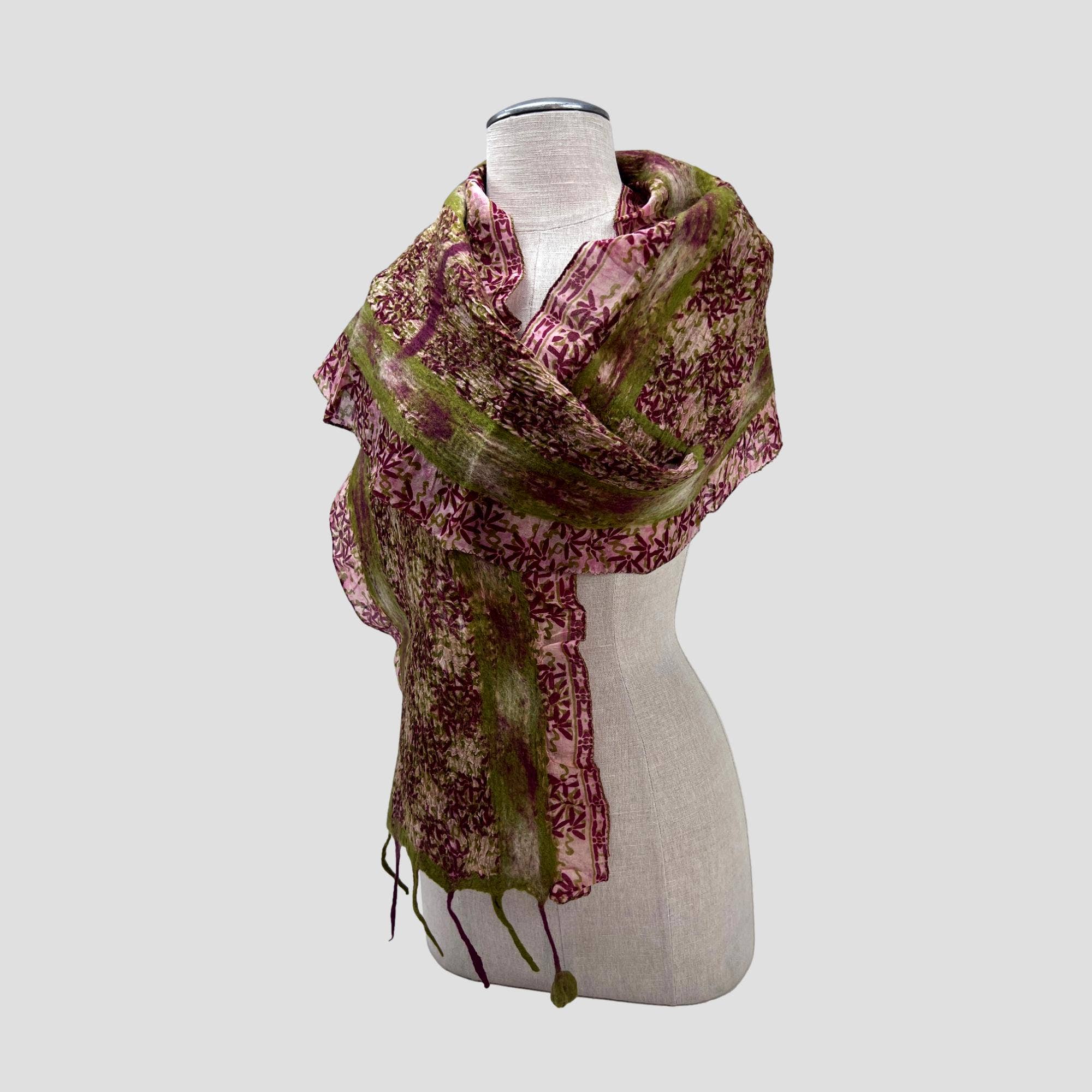 GVS  Green Merino Wool Spots Felt Flower Fringe Vintage Scarf for wholesale on Faire1