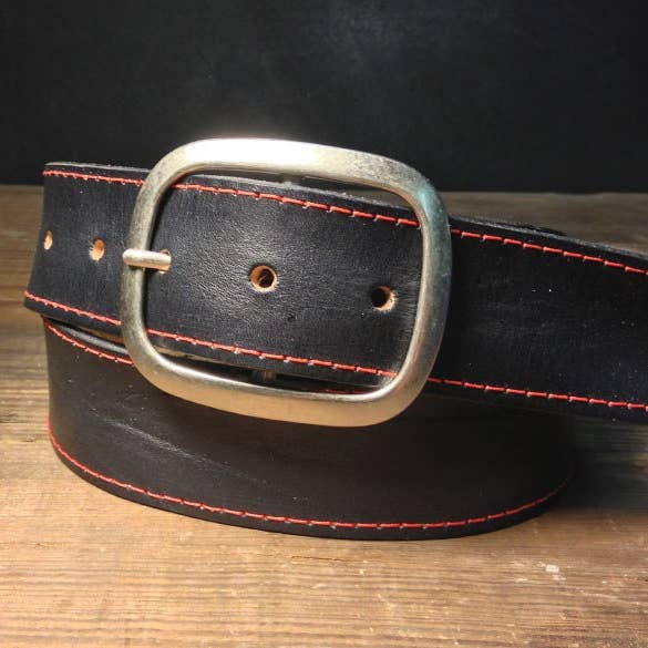 Regan Flegan – wholesale Belt – Unisex – Black Leather Belt with Red Stitching and Antique Silver or Brass Buckle