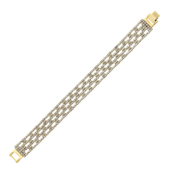 Bracelet doré de 14 mm avec grille en forme de boîte en cristaux blancs pour la vente par Luxe on Main LLC