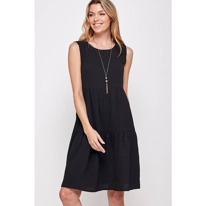 Timeless - Wholesale Dress - Women's - Tiered Pleated Textured Round Neck Midi Dress4