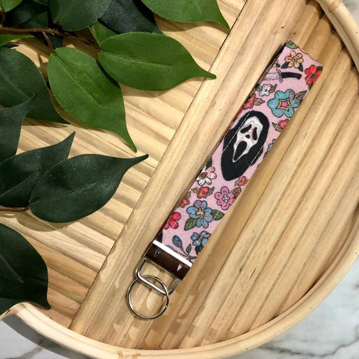 Ghost Face Floral Print Fabric Keychain, Key Fob for wholesale by MDStickerShop