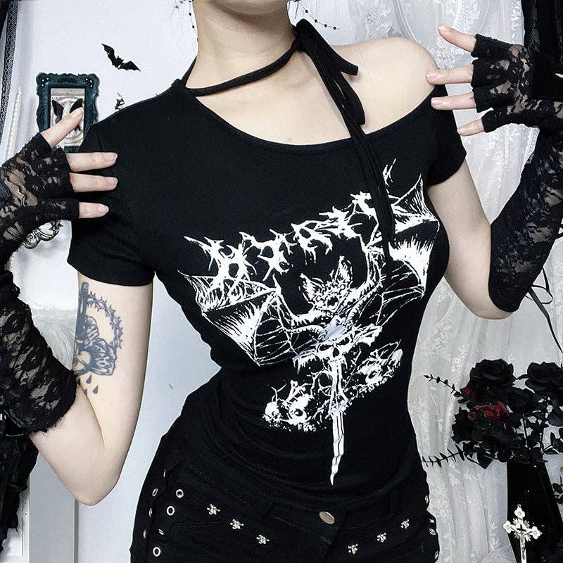 Black Dark Gothic Style Slant Shoulder Women T-Shirt for wholesale on Faire2