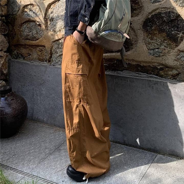 KHAKI Casual Drawstring Wide Leg Pants - Solid Color, Floor-Length for wholesale on Faire