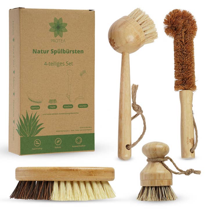 PROTEA - Wholesale Cleaning Brush - PROTEA set of 4 dishwashing brushes made of bamboo and natural fibers, after