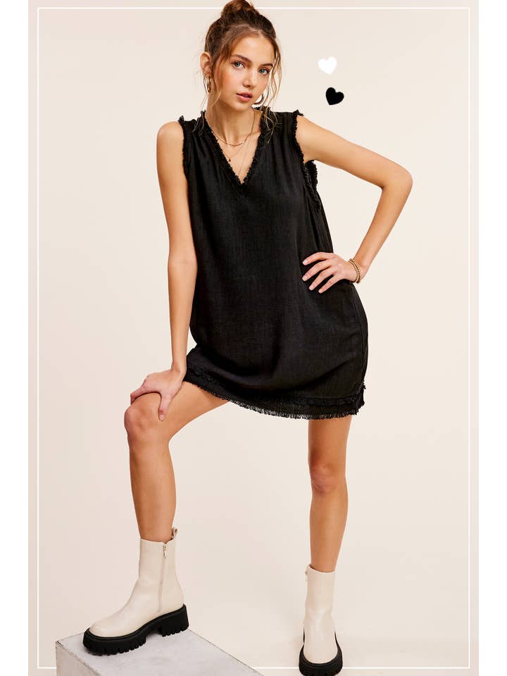 La Miel - Vendita all'ingrosso Vestito - Donna - Abito mini La Miel in tessuto morbido con bordo tagliato e orlo sfrangiato a V17