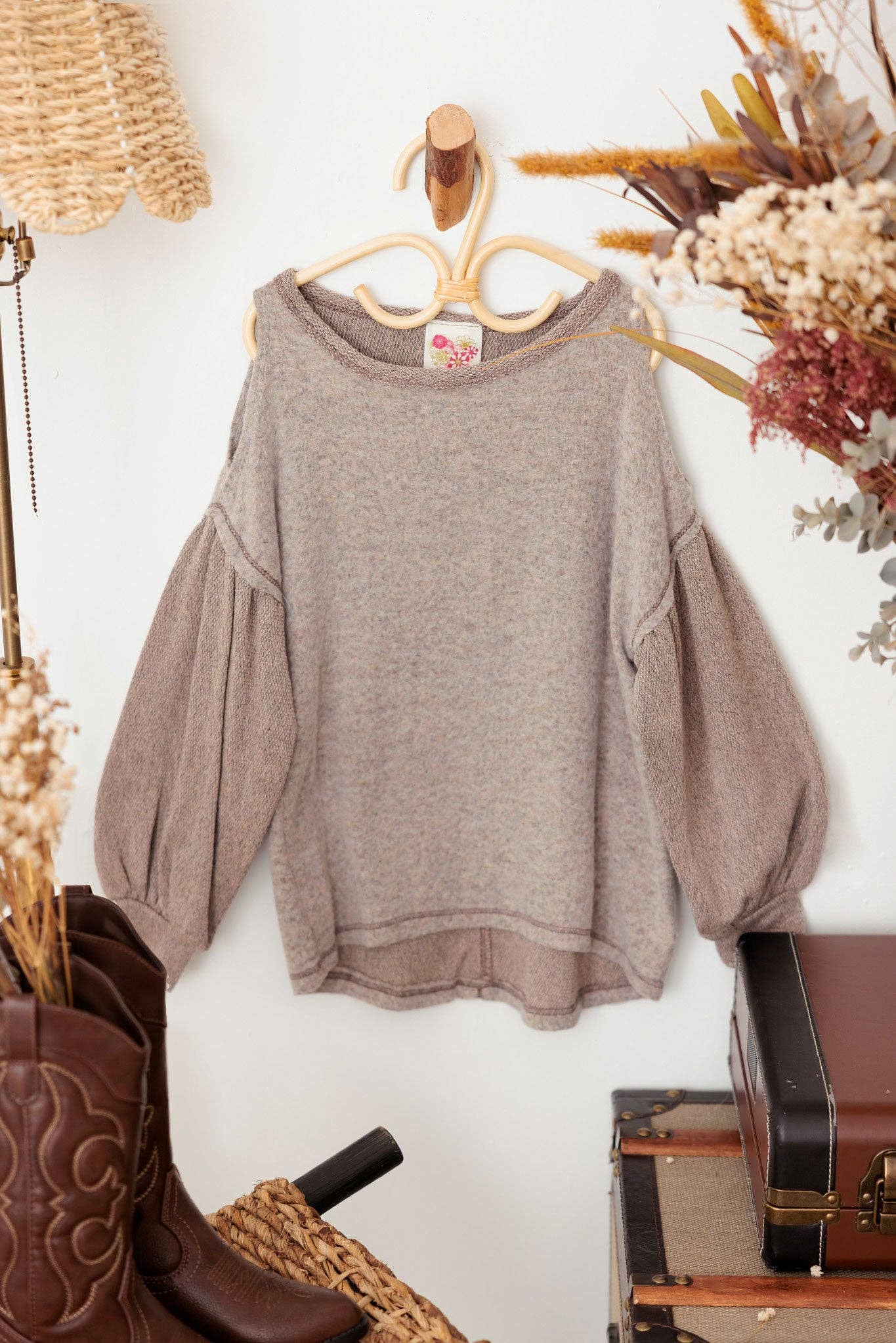 Mocha Girls Cold Shoulder Textured Ballon Sleeve Soft Sweater for wholesale on Faire0