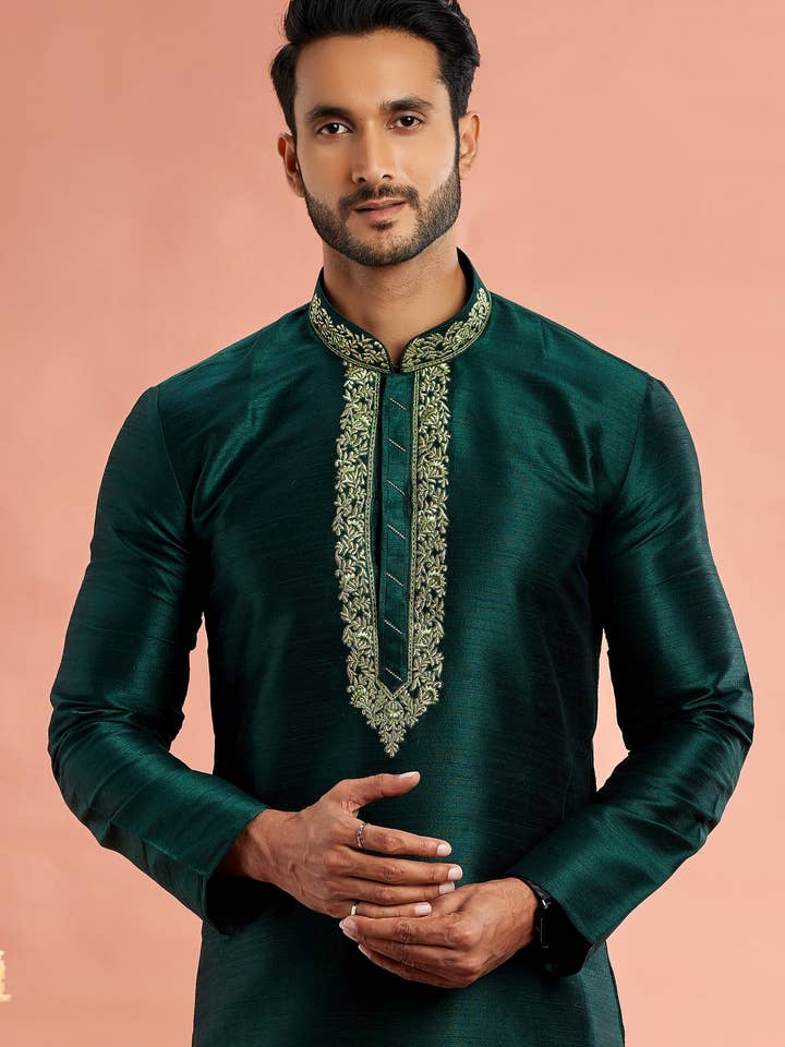 HATKE BRIDE - Wholesale Top & pant set (not loungewear) – Men's - Dark Green Banarasi Art Silk Plain Kurta Pajama for Men for Festival & Wedding - Embroidery Work1