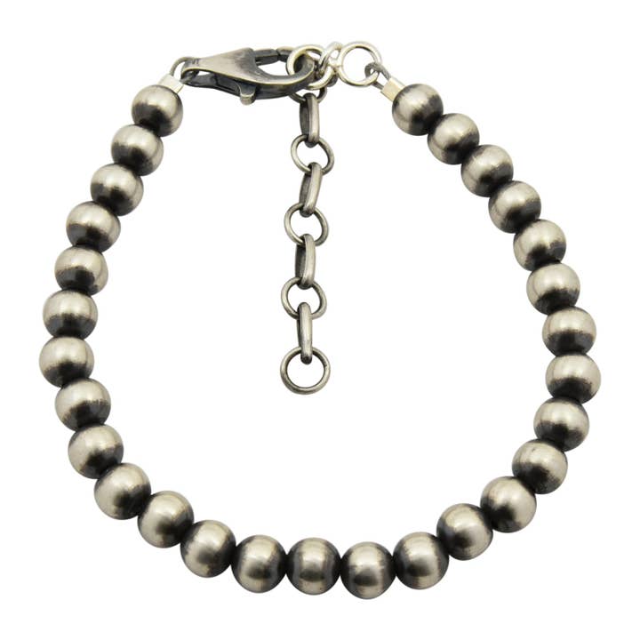 Select Lines - Wholesale Beaded Bracelet - Sterling Silver Navajo Pearl Oxidize Round Bead Bracelet w/ Extender Chain. Available from 3mm to 12mm3