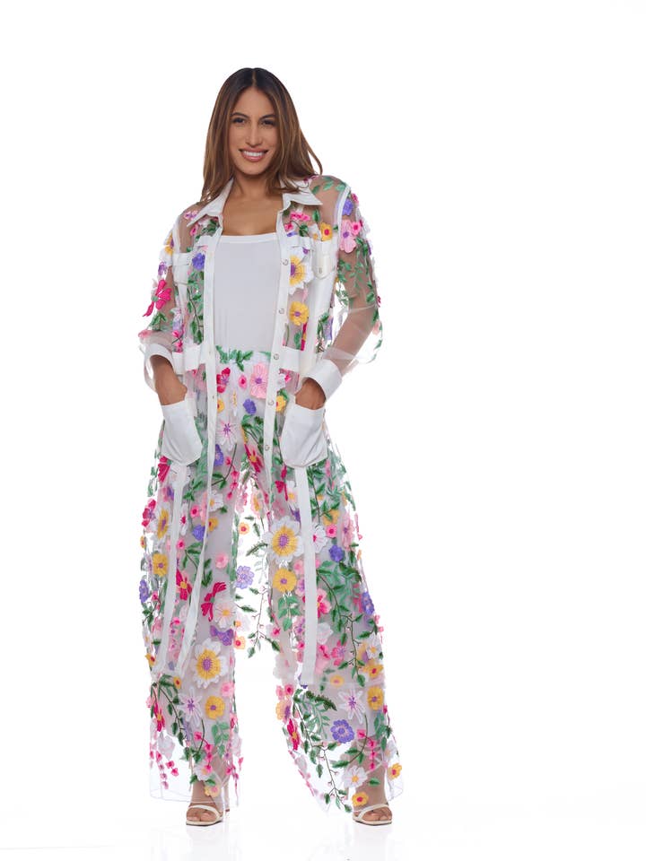 White DIN-001 DIVINE FLORAL DUSTER JACKET for wholesale on Faire1
