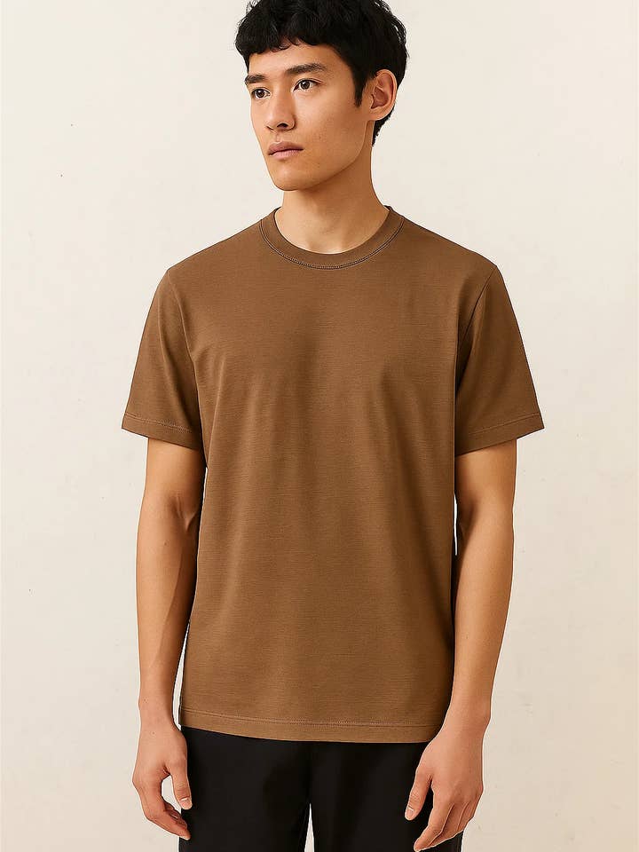 T-shirt casual da uomo color marrone terroso con scollo rotondo | ZMS 12 per la vendita all'ingrosso da parte di Zovater Incorporation