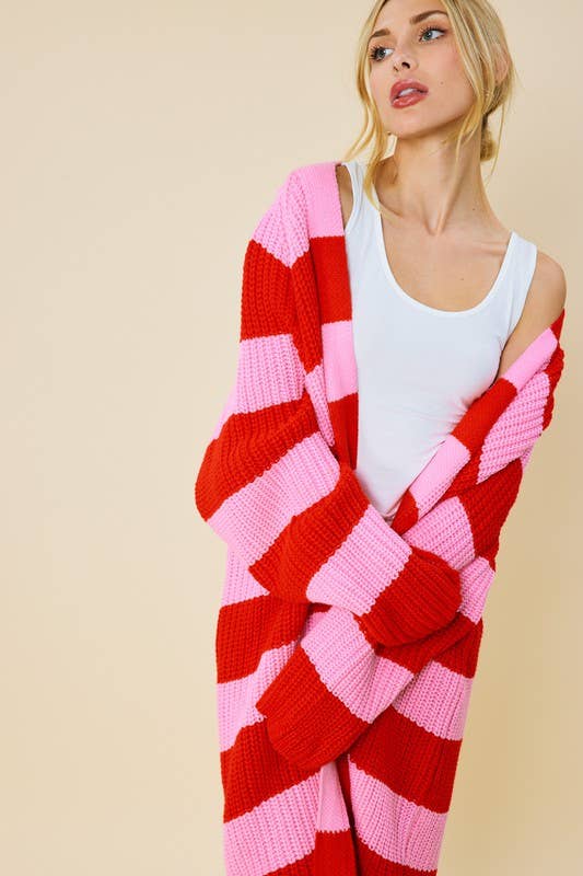 Peace Love Line - Wholesale Cardigan - Women's - STRIPED MIDI SWEATER CARDIGAN2