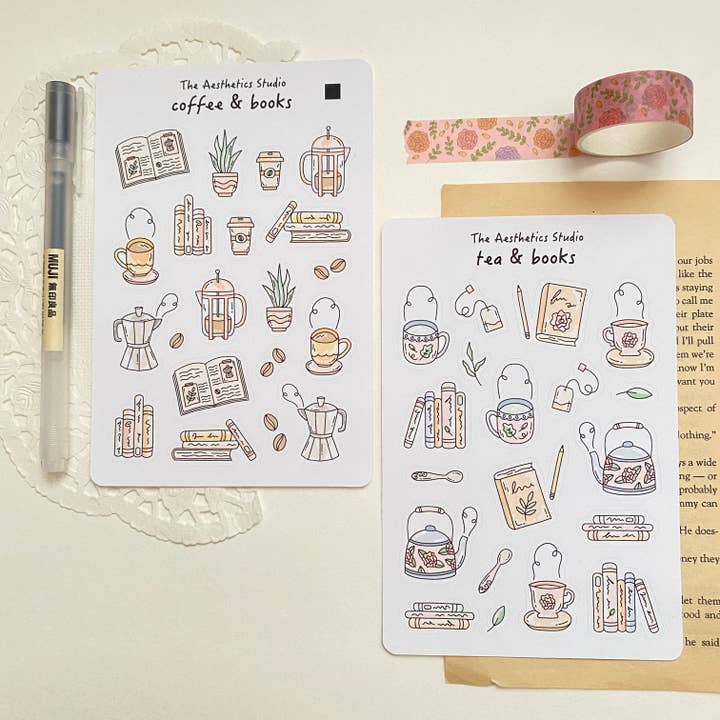 Coffee & Books and Tea & Books Sticker Sheet for wholesale by The Aesthetics Studio