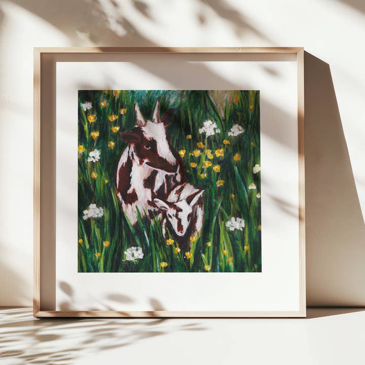 Emily Laura Designs – wholesale Art print – Cottagecore Cotswold Goats in Flower Field Mounted Art Print4