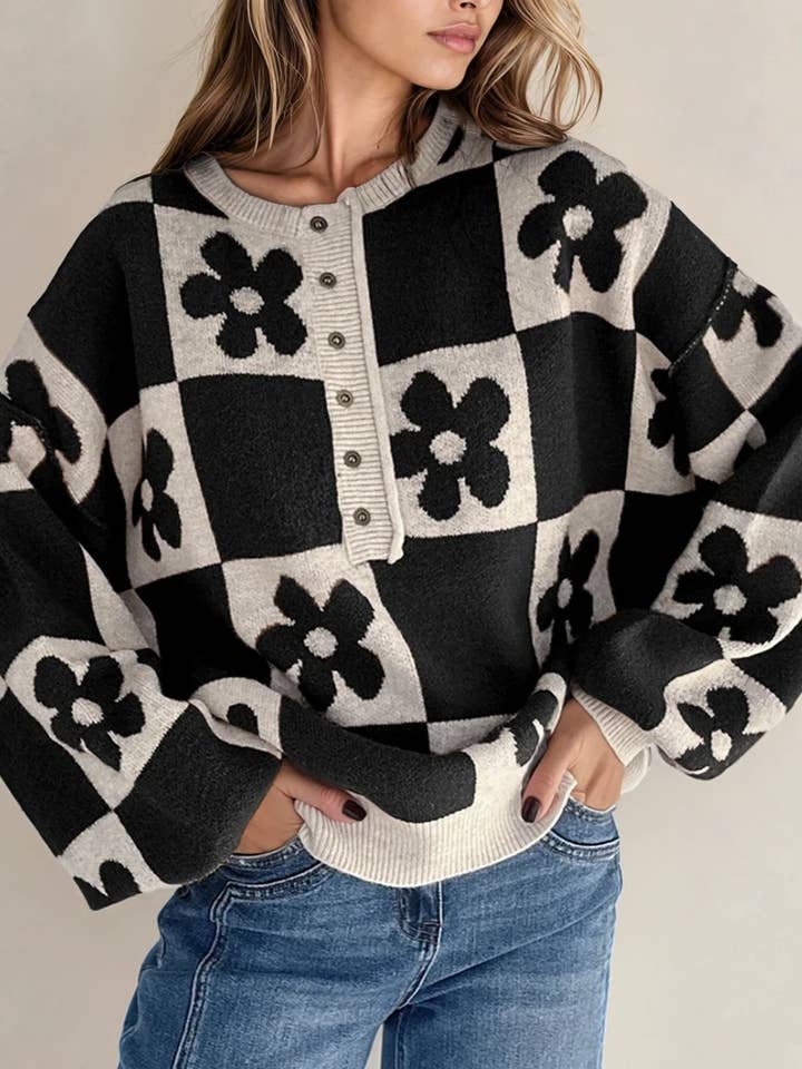 Flower Power Checkered Henley Sweater - Black for wholesale on Faire0