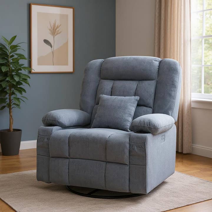 HomeRoots – wholesale Chair – 38" Blue Tufted Cotton Blend Heated Massage Manual Swivel Recliner With USB1