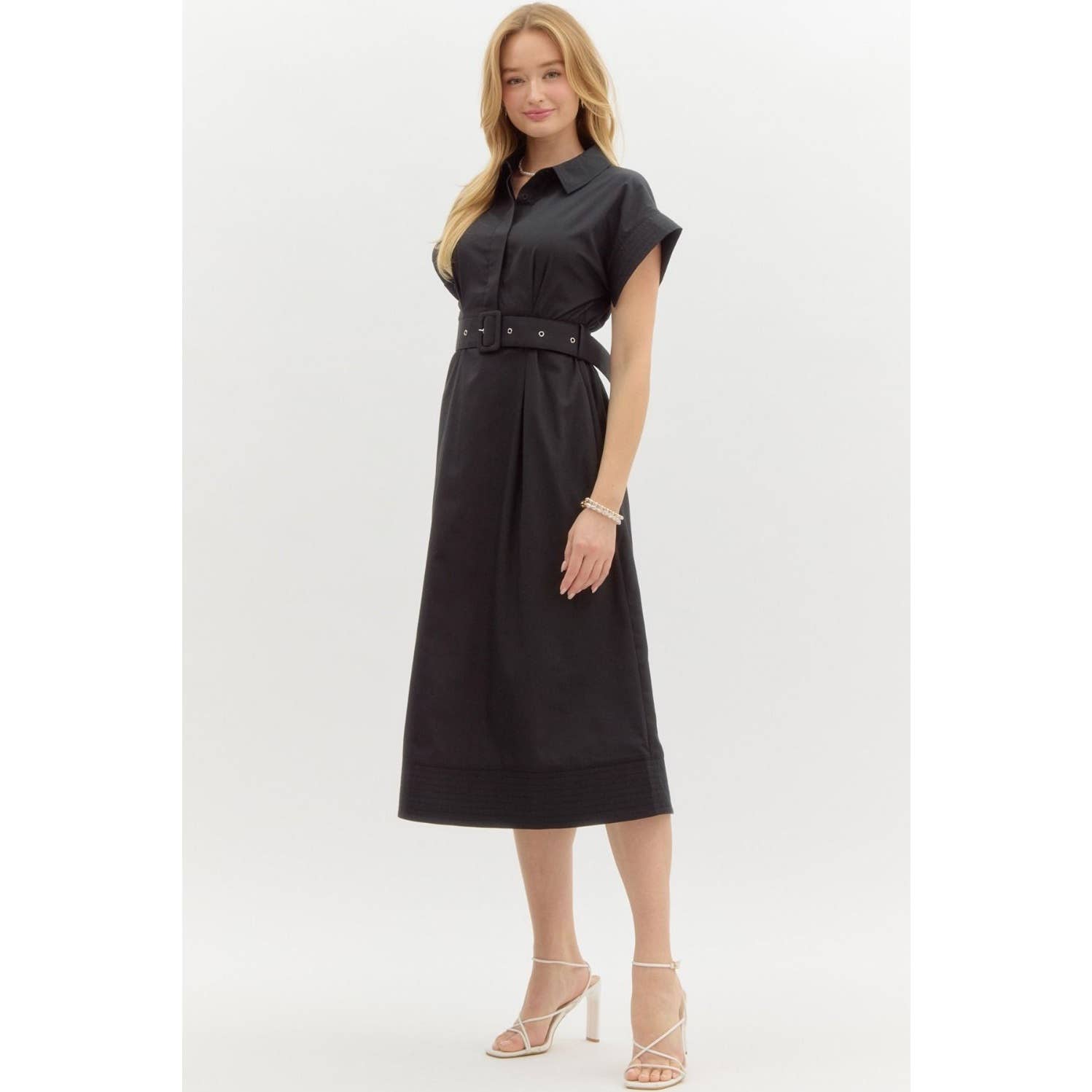 STYLE USA - Venta al por mayor Vestido - Mujer - Vestido midi con mangas cortas tipo ala y detalles de costura sólida11