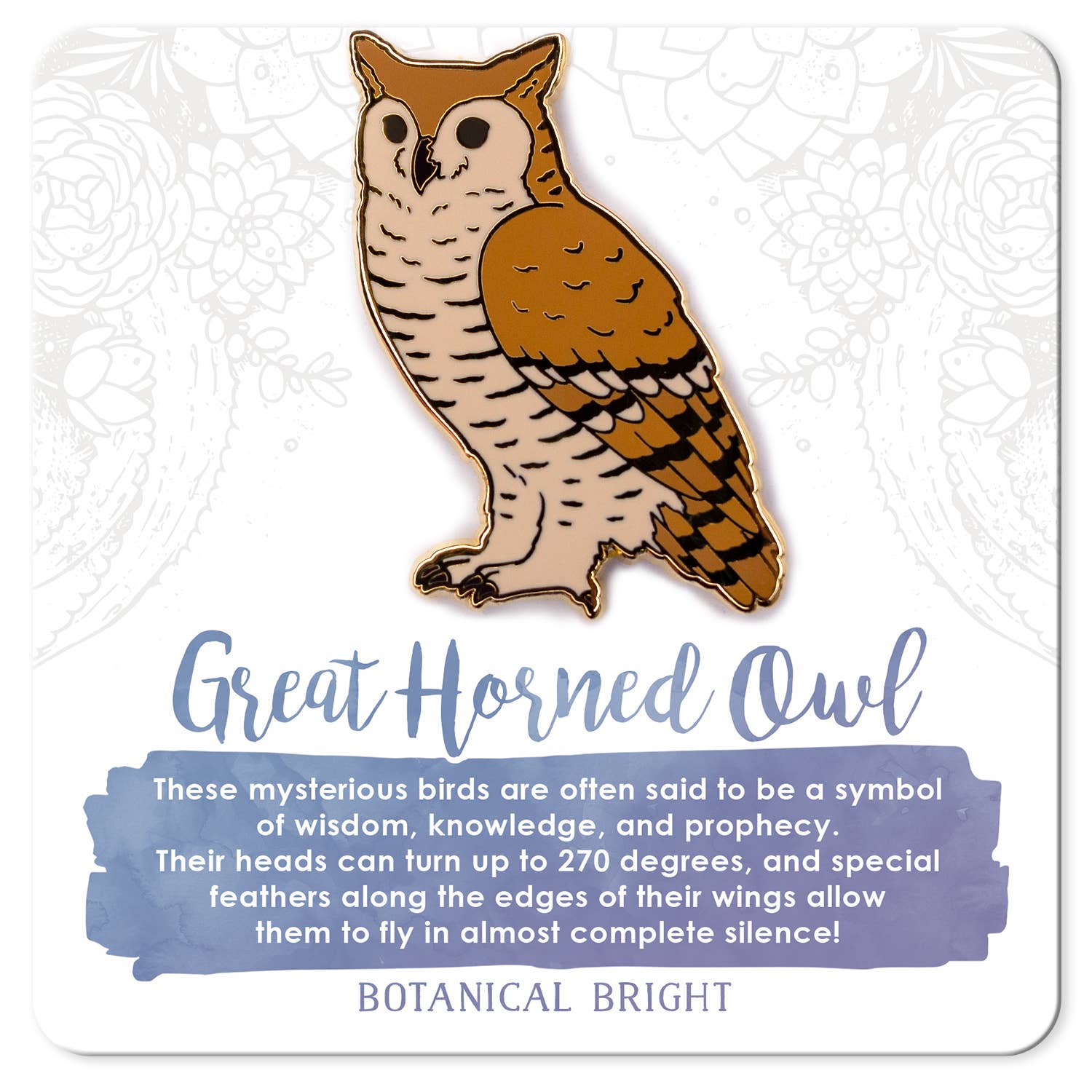 Great Horned Owl Enamel Pin for wholesale by Botanical Bright