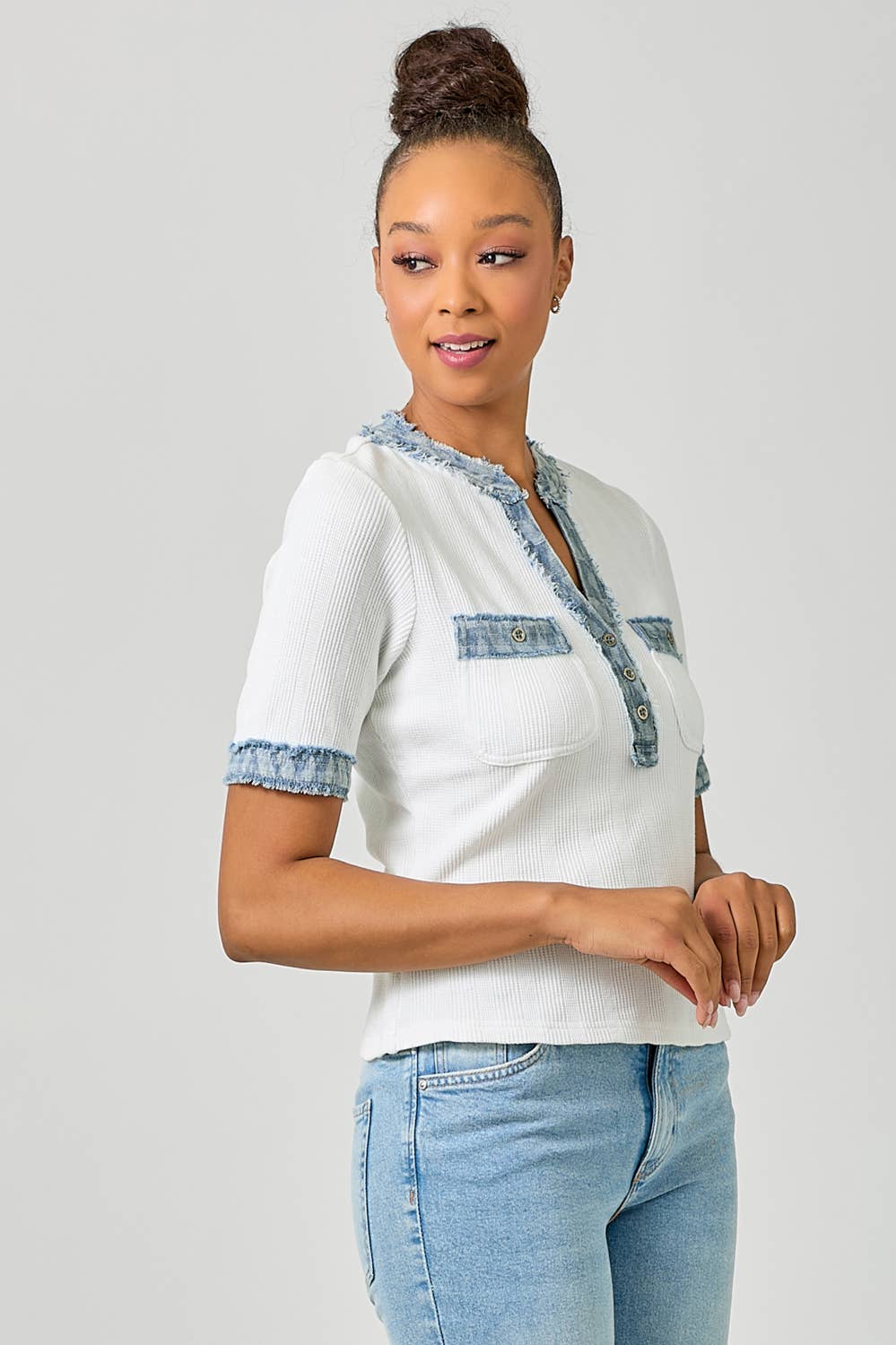 Mystree - Wholesale Blouse - Women's - 60981 Frayed Denim Trim Top 30