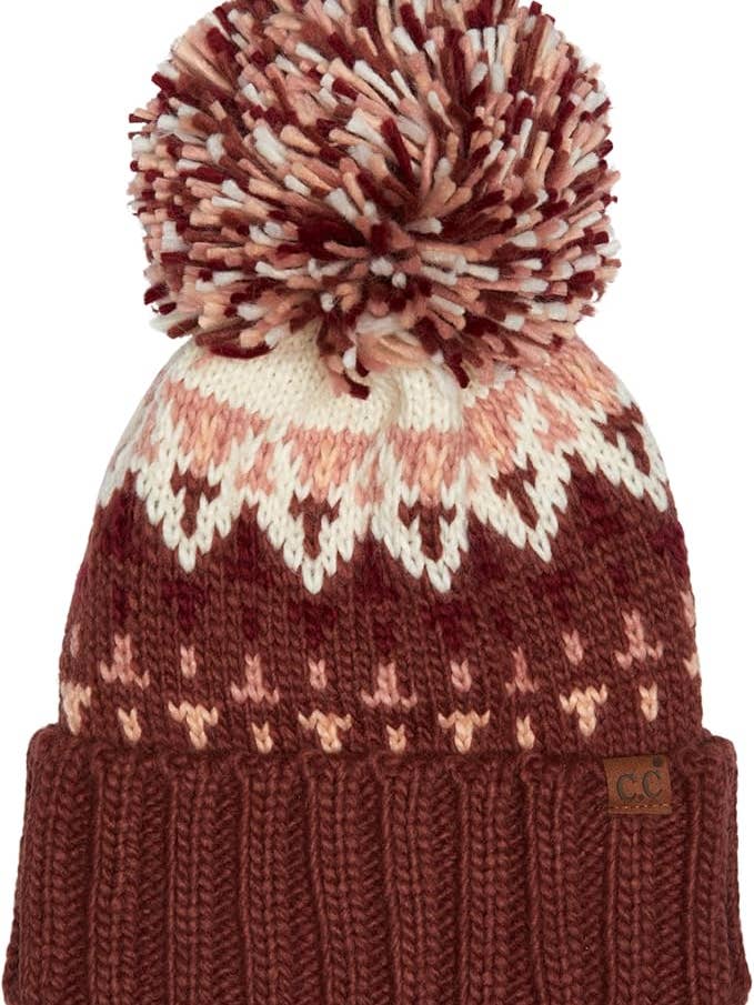 Women’s Knit Pom Beanie - Brick - Multi Yarn for wholesale by Funky Junque