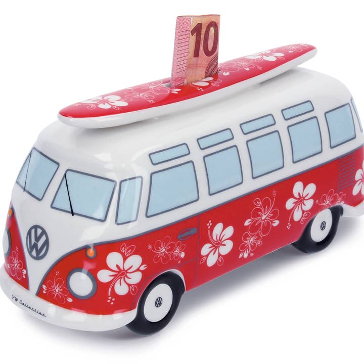 Salvadanaio per autobus VW T1 con tavola da surf (1:18) - Hibiskus/Rosso per la vendita all'ingrosso da parte di VW Collection by BRISA