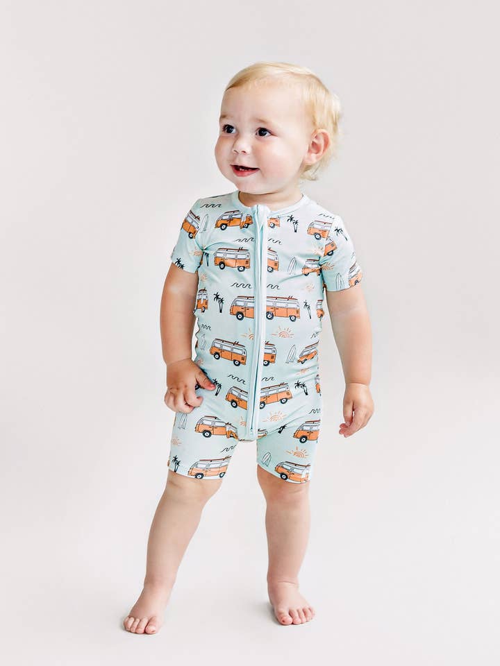 Bamboo Baby Shorty Romper | Retro Beach for wholesale by Lucky Panda Kids