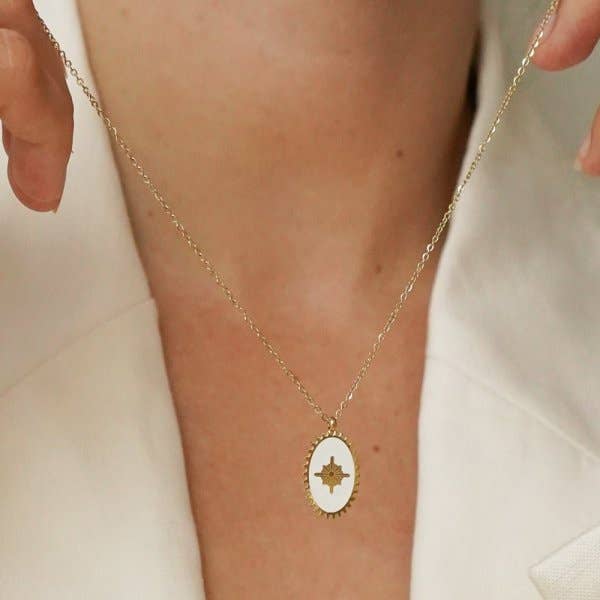 Stainless Steel Necklace with Oval Rose des Vents Enamel Medallion for wholesale by Bijoux 7bis