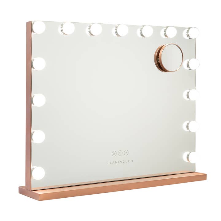 Rose gold Mirror with 15 Hollywood LED lights,3 light modes  for wholesale by Flamingueo