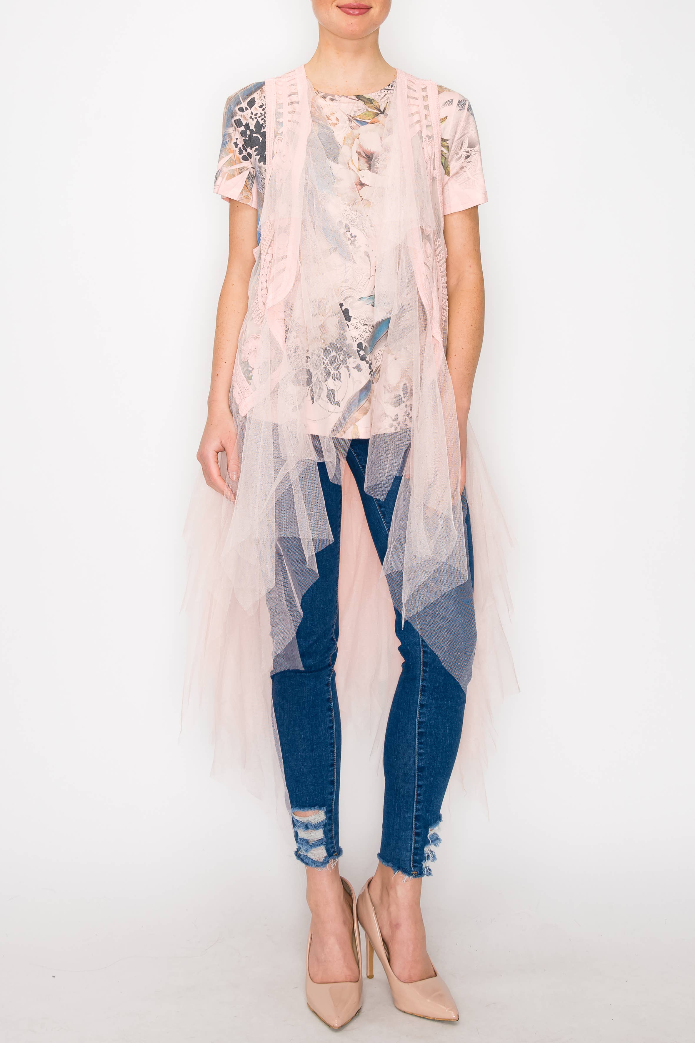 Origami Apparel ~  Lace and Crochet inspired - Wholesale Outerwear Vest - Women's - Embroidered Tulle Mesh Duster Vest- T4066PINK1