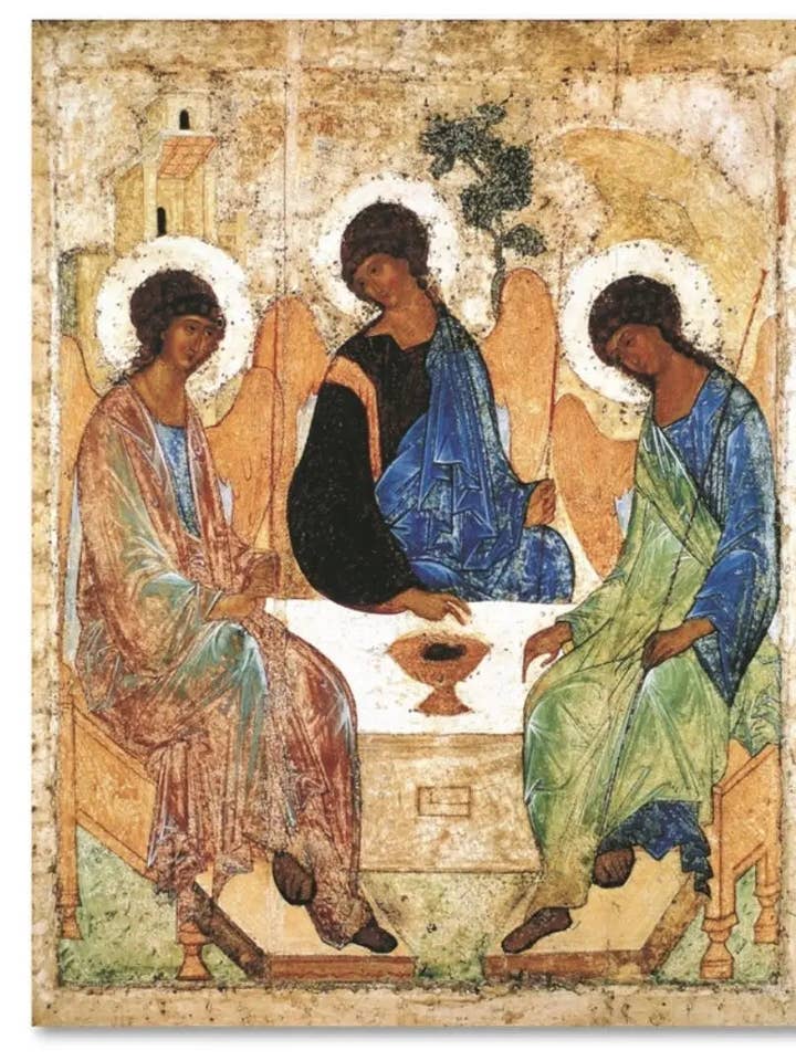 La Santissima Trinità di Andrej Rublëv. Icona ortodossa in legno per la vendita all'ingrosso da parte di Iconsofsaints