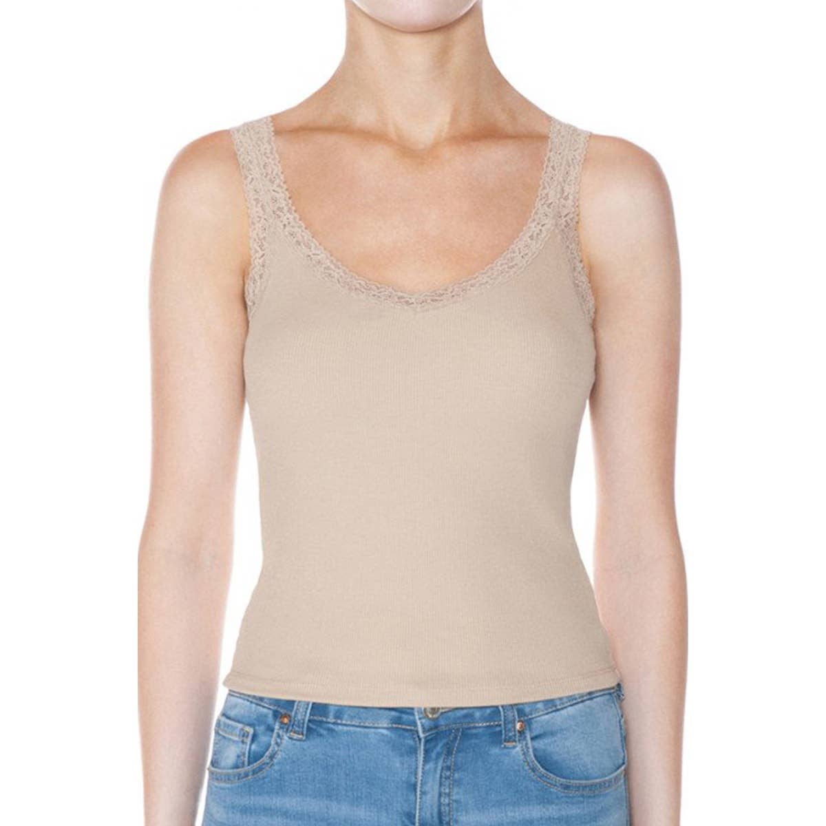 UP CLOTHING - Wholesale Tank Top - Women's - RIBBED V NECK LACE TRIMMED TANK TOP3