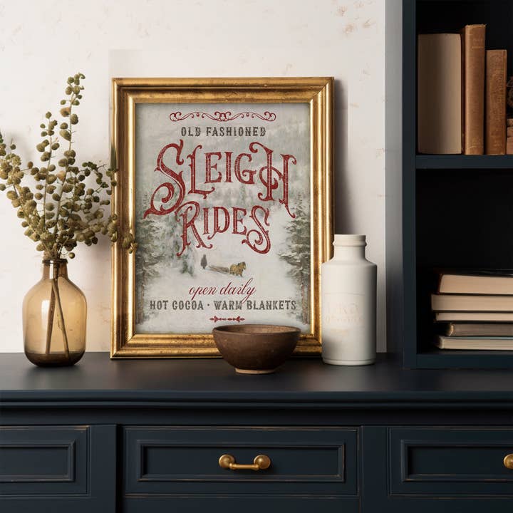Paper House Print Shop - Wholesale Art Print - Antique Sleigh Rides Sign Christmas Holiday Art Print