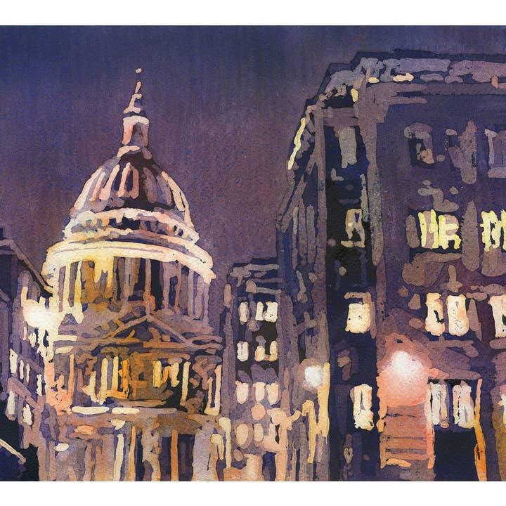 St. Pauls Cathedral om natten i byen London, England. Akvarel maleri London England kirke kunstværk London skyline kunstværk for engroshandel hos Ryan Fox Fine Art