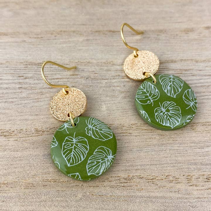 Light Shine - Wholesale Dangle Earrings - Monstera Leaf Dangle Earring | Green Spring Clay Drop |Plant